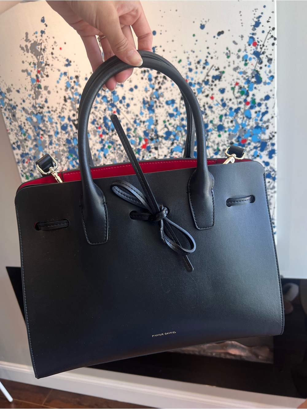 Authentic Mansur Gavriel Black Leather Sun Tote with Flamma Red Interior Large